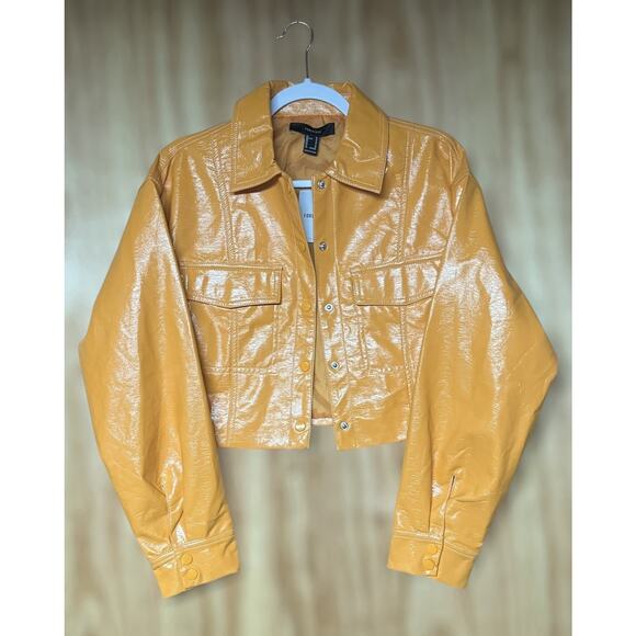 Trucker Tangerine Forever 21 Faux Leather Cropped Utility Jacket Size Medium NEW - Picture 6 of 15